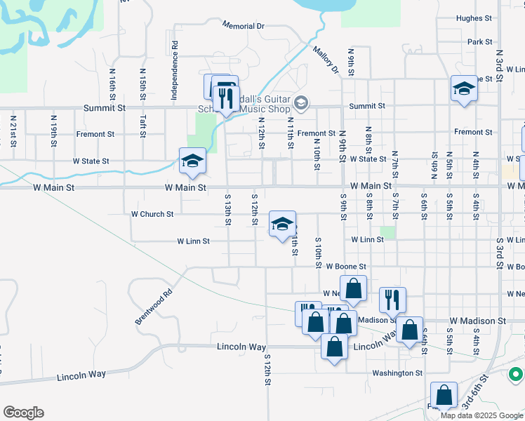 map of restaurants, bars, coffee shops, grocery stores, and more near 1115 West Church Street in Marshalltown