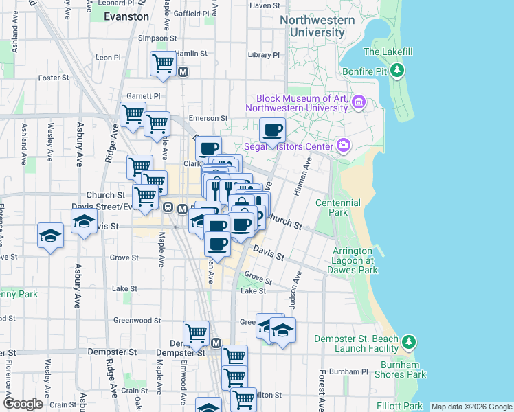 map of restaurants, bars, coffee shops, grocery stores, and more near 1702 Chicago Avenue in Evanston