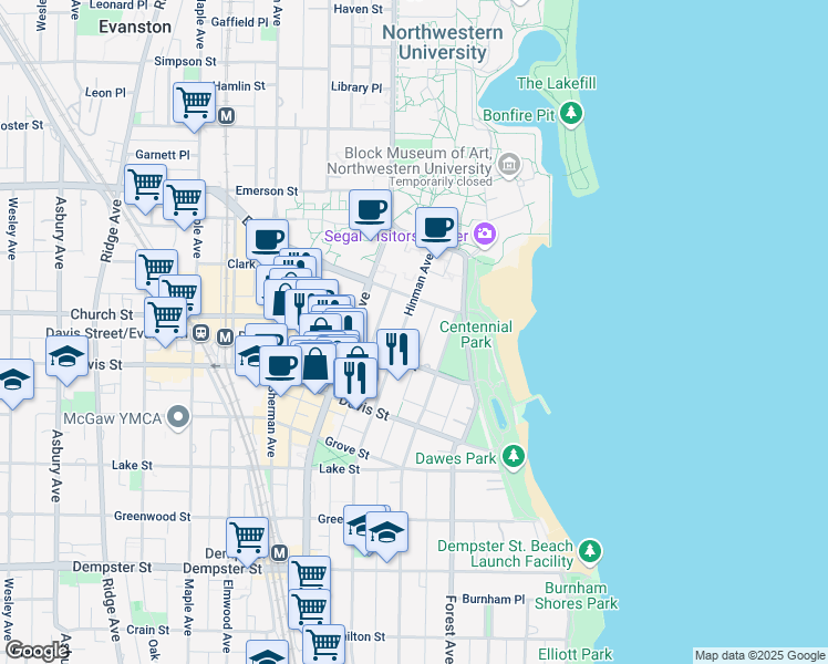 map of restaurants, bars, coffee shops, grocery stores, and more near 1725 Hinman Avenue in Evanston