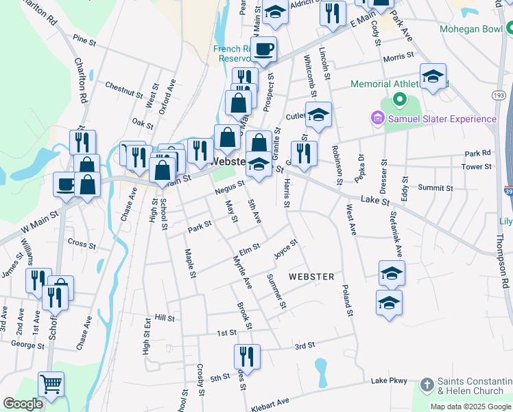 map of restaurants, bars, coffee shops, grocery stores, and more near 17 5th Avenue in Webster