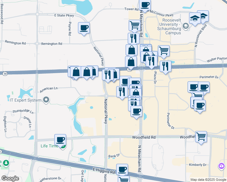 map of restaurants, bars, coffee shops, grocery stores, and more near 1300 American Lane in Schaumburg