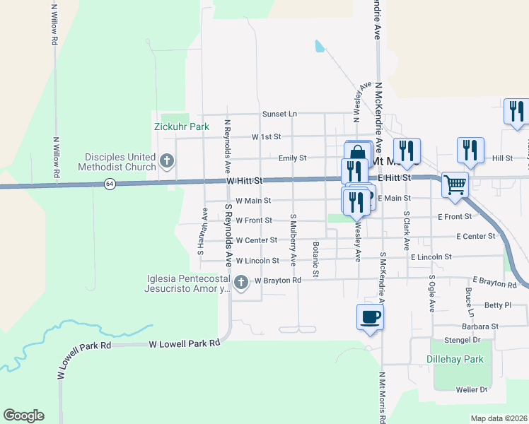 map of restaurants, bars, coffee shops, grocery stores, and more near 212 West Front Street in Mount Morris