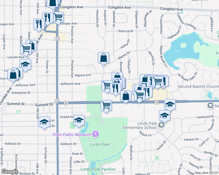 map of restaurants, bars, coffee shops, grocery stores, and more near 555 Hiawatha Drive in Elgin