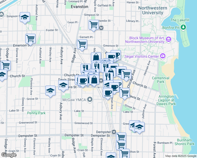 map of restaurants, bars, coffee shops, grocery stores, and more near 909 Davis Street in Evanston