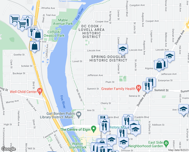 map of restaurants, bars, coffee shops, grocery stores, and more near 573 Brook Street in Elgin