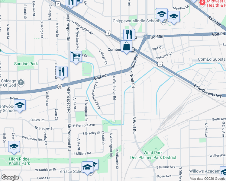 map of restaurants, bars, coffee shops, grocery stores, and more near 288 South Warrington Road in Des Plaines
