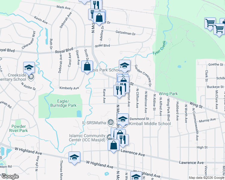 map of restaurants, bars, coffee shops, grocery stores, and more near 1355 Kaskaskia Avenue in Elgin