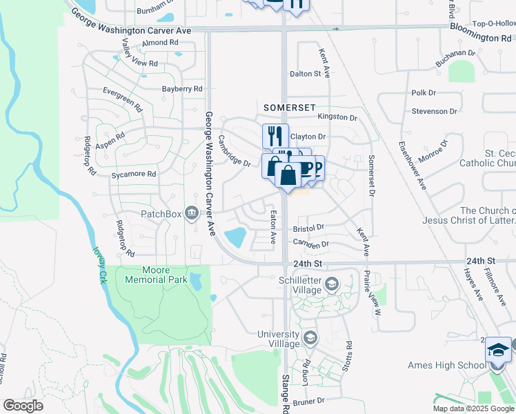 map of restaurants, bars, coffee shops, grocery stores, and more near 2800 Northridge Pkwy in Ames