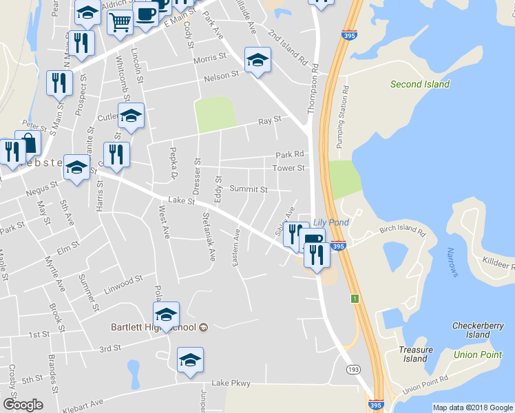 map of restaurants, bars, coffee shops, grocery stores, and more near 15 Everett Avenue in Webster