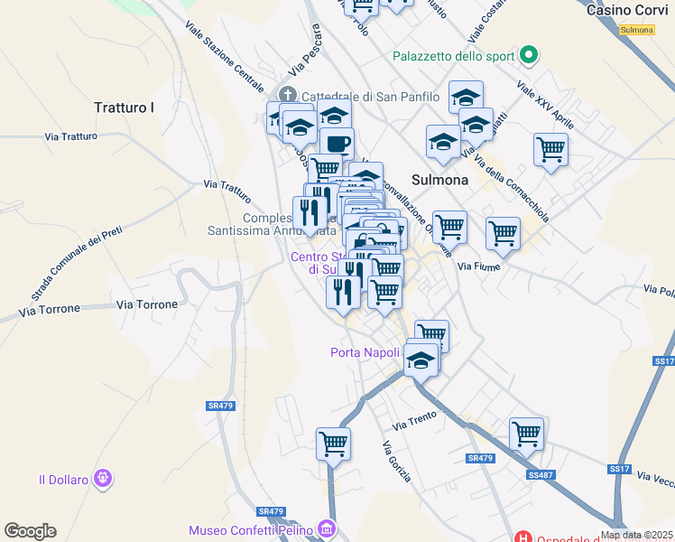 map of restaurants, bars, coffee shops, grocery stores, and more near 4 Vicolo Battista in Sulmona