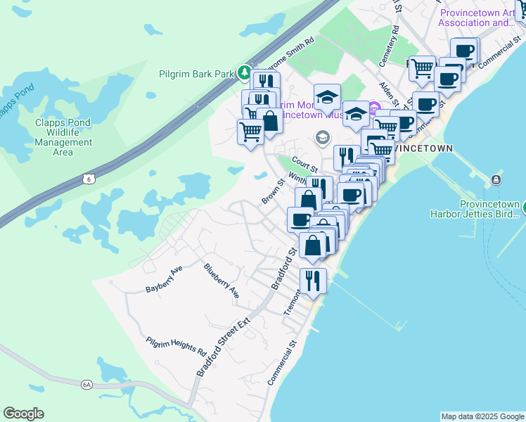 map of restaurants, bars, coffee shops, grocery stores, and more near 49A Pleasant Street in Provincetown