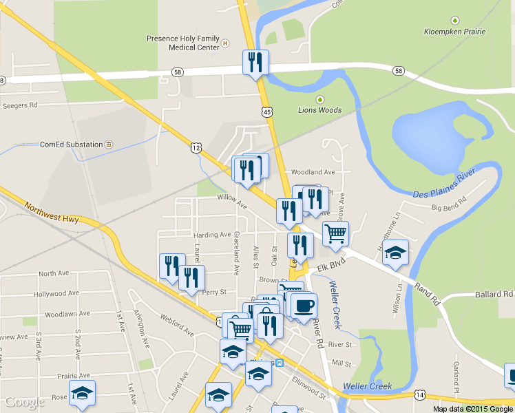 map of restaurants, bars, coffee shops, grocery stores, and more near 1438 Willow Avenue in Des Plaines