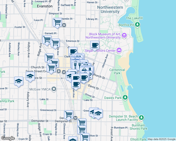 map of restaurants, bars, coffee shops, grocery stores, and more near 1702 Chicago Avenue in Evanston