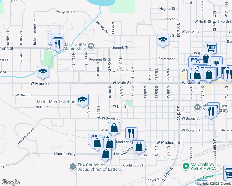 map of restaurants, bars, coffee shops, grocery stores, and more near 805 West Church Street in Marshalltown