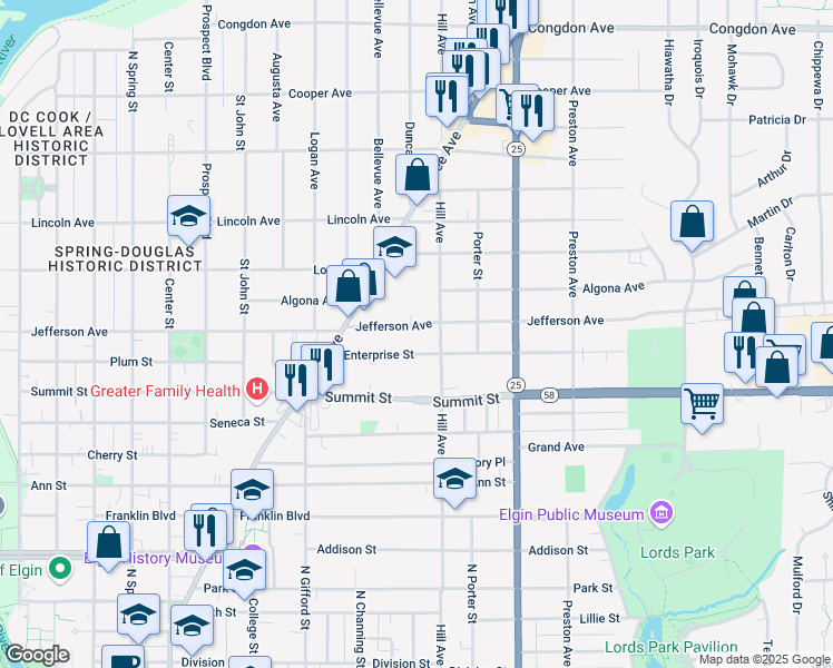 map of restaurants, bars, coffee shops, grocery stores, and more near 467 Jefferson Avenue in Elgin