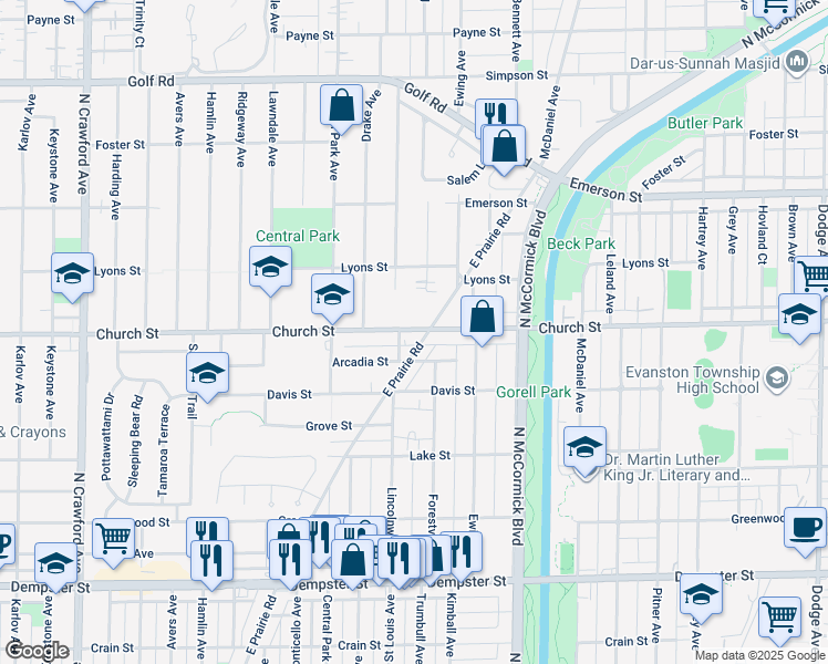 map of restaurants, bars, coffee shops, grocery stores, and more near in Evanston