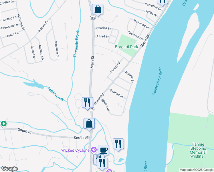 map of restaurants, bars, coffee shops, grocery stores, and more near 81 River Road in Agawam