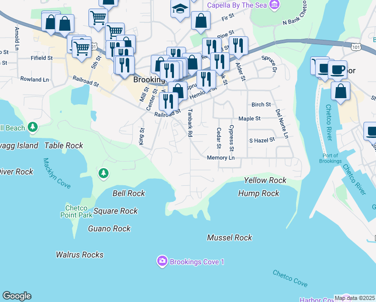 map of restaurants, bars, coffee shops, grocery stores, and more near 211 Tanbark Road in Brookings