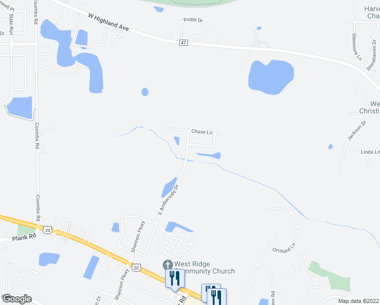 map of restaurants, bars, coffee shops, grocery stores, and more near 491 East Amberside Drive in Elgin