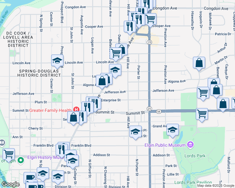 map of restaurants, bars, coffee shops, grocery stores, and more near 467 Jefferson Avenue in Elgin