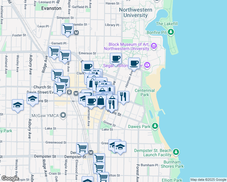 map of restaurants, bars, coffee shops, grocery stores, and more near 1700 Hinman Avenue in Evanston