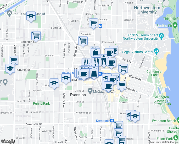 map of restaurants, bars, coffee shops, grocery stores, and more near 1630 Maple Avenue in Evanston