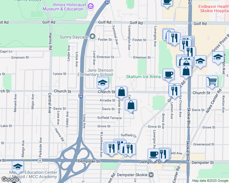map of restaurants, bars, coffee shops, grocery stores, and more near 5223 Church Street in Skokie
