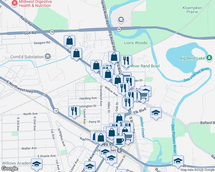 map of restaurants, bars, coffee shops, grocery stores, and more near 1438 Willow Avenue in Des Plaines