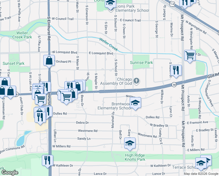 map of restaurants, bars, coffee shops, grocery stores, and more near 922 South School Street in Mount Prospect