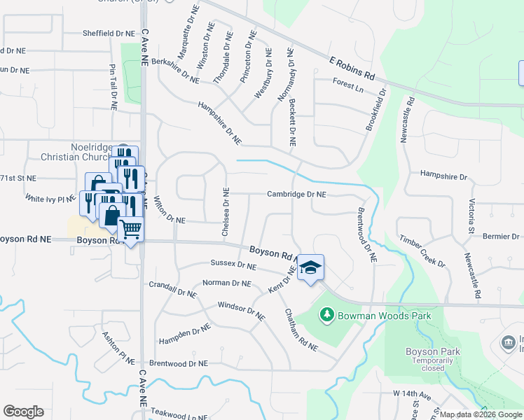 map of restaurants, bars, coffee shops, grocery stores, and more near 7004 Surrey Drive Northeast in Cedar Rapids