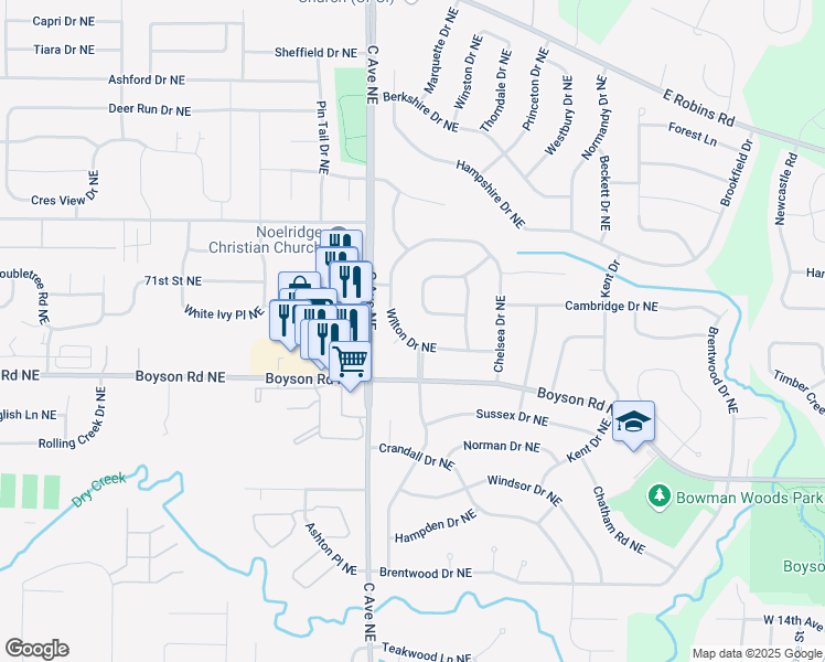 map of restaurants, bars, coffee shops, grocery stores, and more near 418 Wilton Drive Northeast in Cedar Rapids