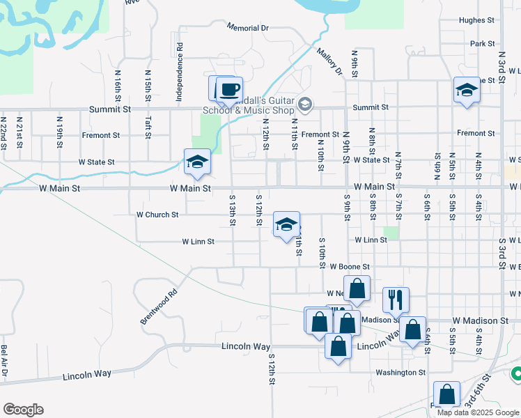 map of restaurants, bars, coffee shops, grocery stores, and more near 1115 West Church Street in Marshalltown