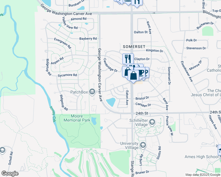map of restaurants, bars, coffee shops, grocery stores, and more near 2821 Bristol Drive in Ames