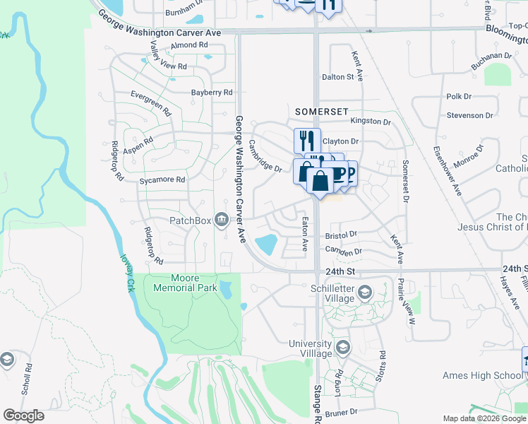 map of restaurants, bars, coffee shops, grocery stores, and more near 2821 Bristol Drive in Ames
