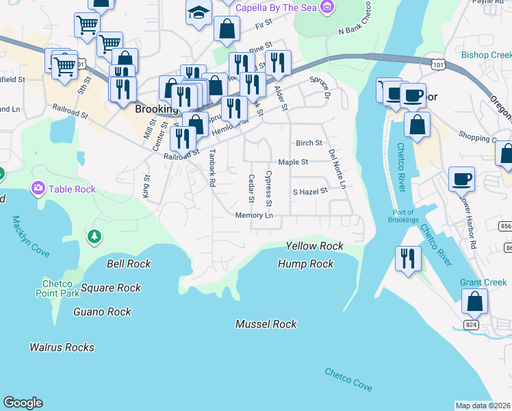 map of restaurants, bars, coffee shops, grocery stores, and more near 218 Cedar Street in Brookings