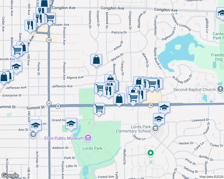 map of restaurants, bars, coffee shops, grocery stores, and more near 844 Summit Street in Elgin