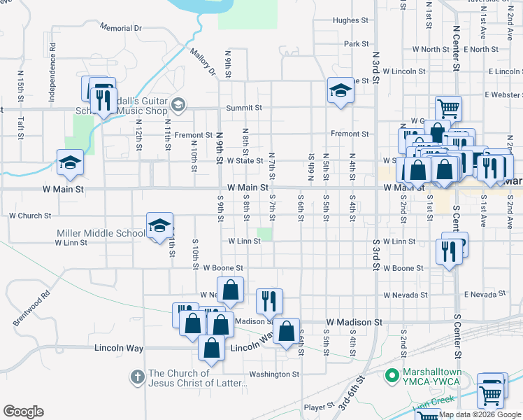 map of restaurants, bars, coffee shops, grocery stores, and more near 705 West Church Street in Marshalltown