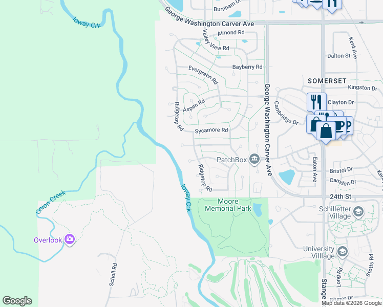 map of restaurants, bars, coffee shops, grocery stores, and more near 2705 Ridgetop Rd in Ames