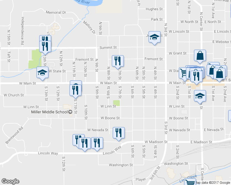 map of restaurants, bars, coffee shops, grocery stores, and more near 705 West Church Street in Marshalltown