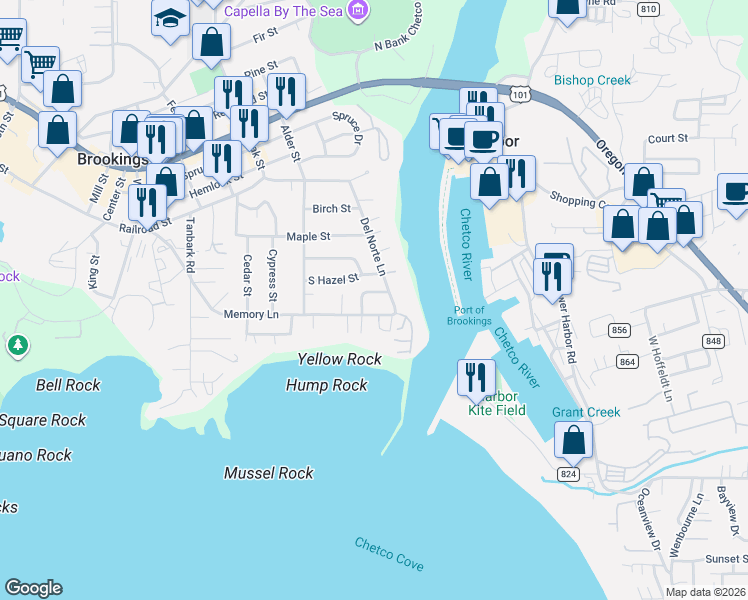 map of restaurants, bars, coffee shops, grocery stores, and more near 221 Musser Street in Brookings