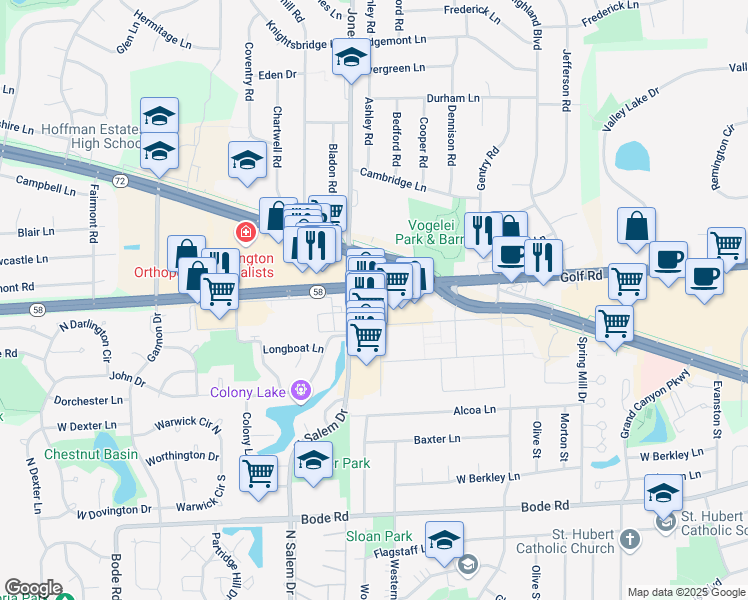 map of restaurants, bars, coffee shops, grocery stores, and more near 751 West Golf Road in Schaumburg