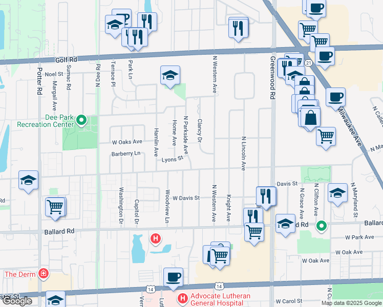 map of restaurants, bars, coffee shops, grocery stores, and more near 9241 North Parkside Drive in Des Plaines