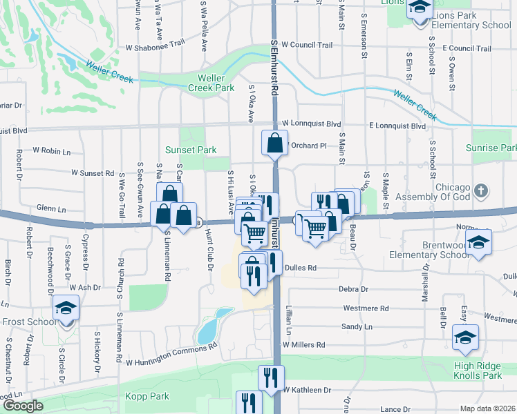 map of restaurants, bars, coffee shops, grocery stores, and more near 919 South I Oka Avenue in Mount Prospect