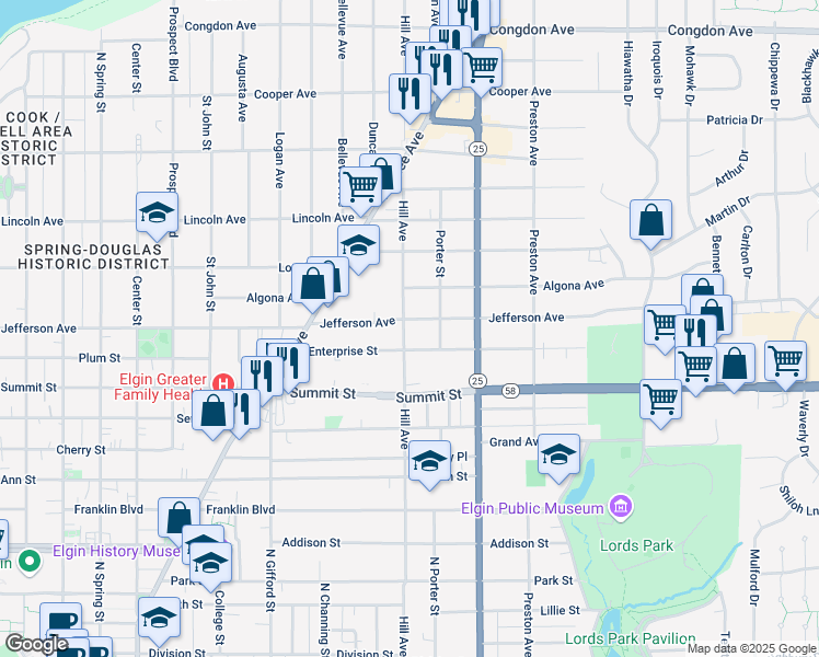 map of restaurants, bars, coffee shops, grocery stores, and more near 573 Hill Avenue in Elgin