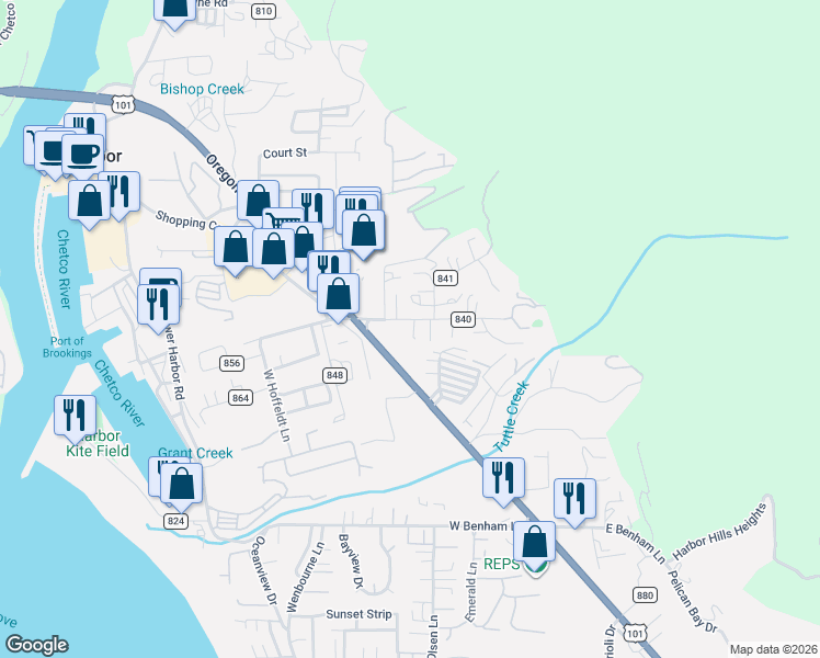 map of restaurants, bars, coffee shops, grocery stores, and more near West Hoffeldt Lane in Brookings