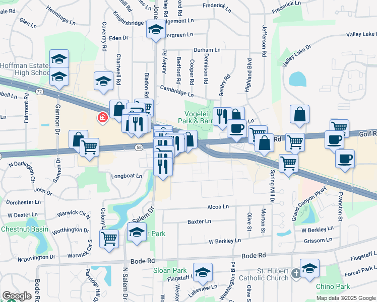 map of restaurants, bars, coffee shops, grocery stores, and more near 675 West Golf Road in Hoffman Estates
