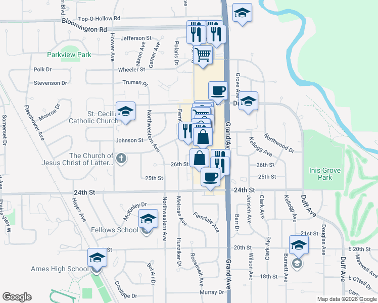 map of restaurants, bars, coffee shops, grocery stores, and more near 2619 Ferndale Avenue in Ames