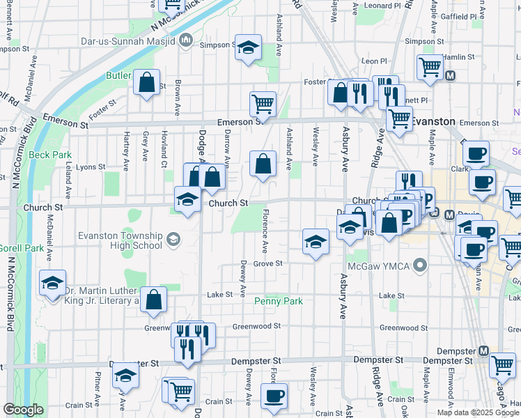 map of restaurants, bars, coffee shops, grocery stores, and more near 1616 Florence Avenue in Evanston