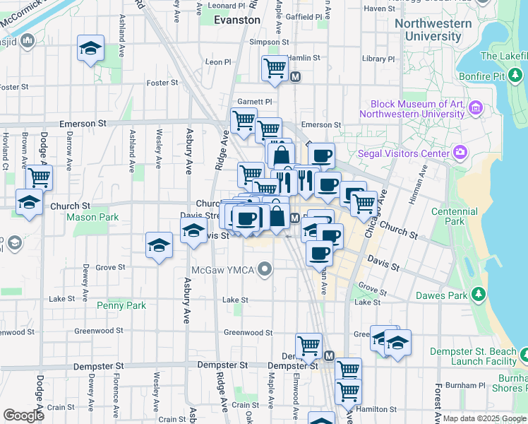 map of restaurants, bars, coffee shops, grocery stores, and more near 1638 Maple Avenue in Evanston