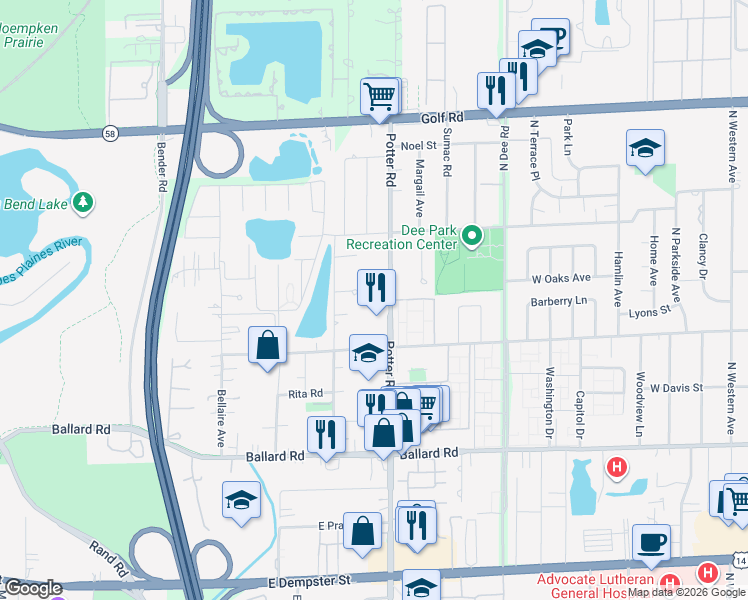 map of restaurants, bars, coffee shops, grocery stores, and more near 287 Good Court in Des Plaines